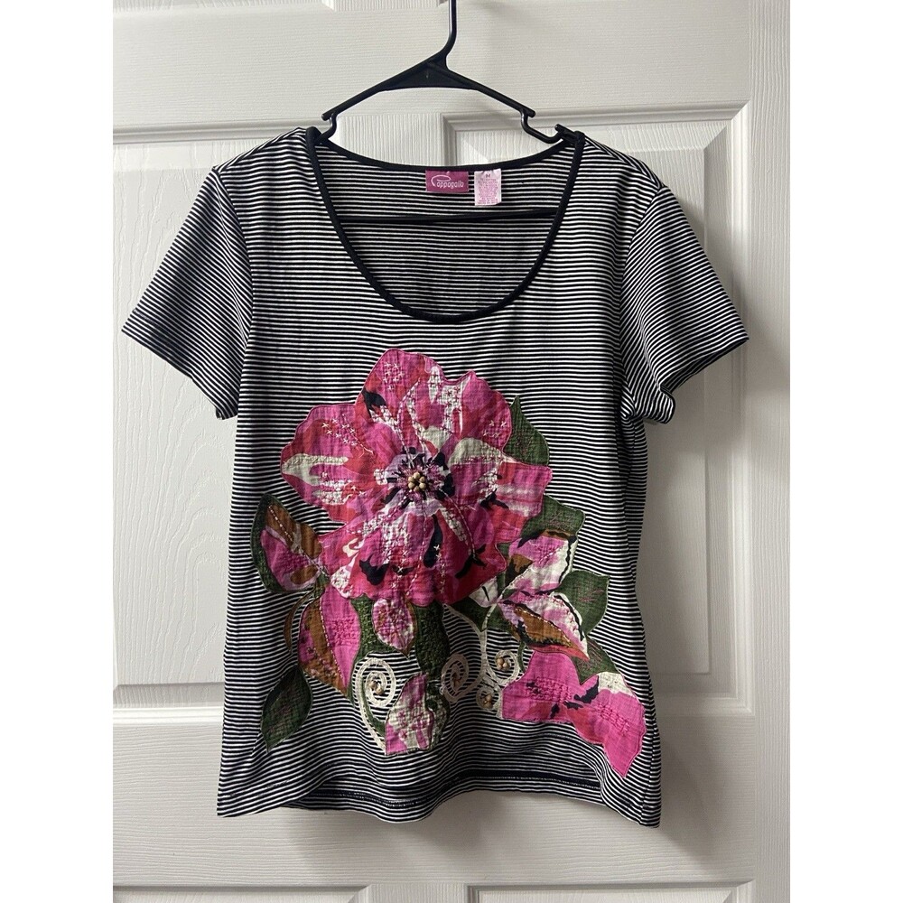 Pappagallo T-Shirt Striped Womens Medium Beaded Embroidered Appliqued Flower